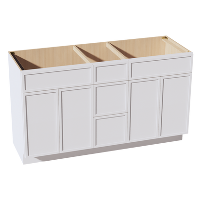 SF-VSD60DOUBLEE: Frost White Slim Shaker 60"W x 34-1/2"H x 21"D 4 Doors, 3 Drawers & 2 False Drawers Double Sink Vanity Base Combo Cabinets