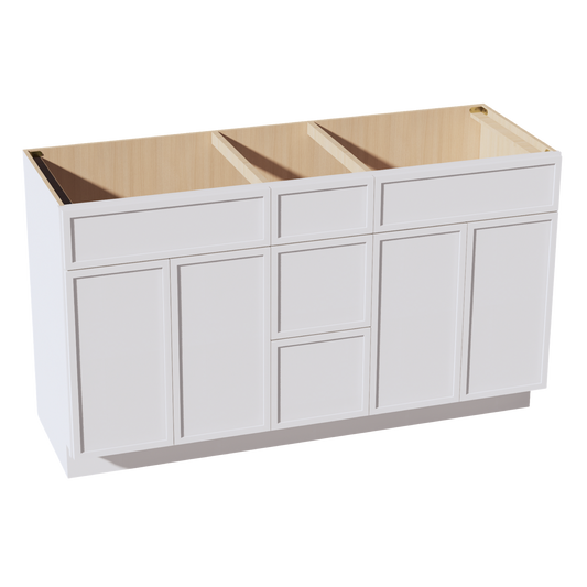 SF-VSD60DOUBLEE: Frost White Slim Shaker 60"W x 34-1/2"H x 21"D 4 Doors, 3 Drawers & 2 False Drawers Double Sink Vanity Base Combo Cabinets