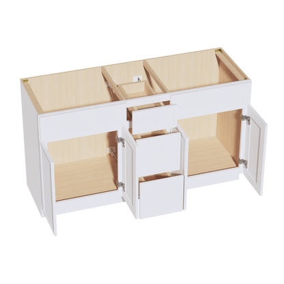 SF-VSD60DOUBLEE: Frost White Slim Shaker 60"W x 34-1/2"H x 21"D 4 Doors, 3 Drawers & 2 False Drawers Double Sink Vanity Base Combo Cabinets