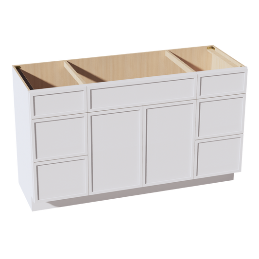 SF-VSD60SINGLE: Frost White Slim Shaker 60"W x 34-1/2"H x 21"D 2 Doors, 6 Drawers & 1 False Drawer Single Sink Vanity Base Combo Cabinets