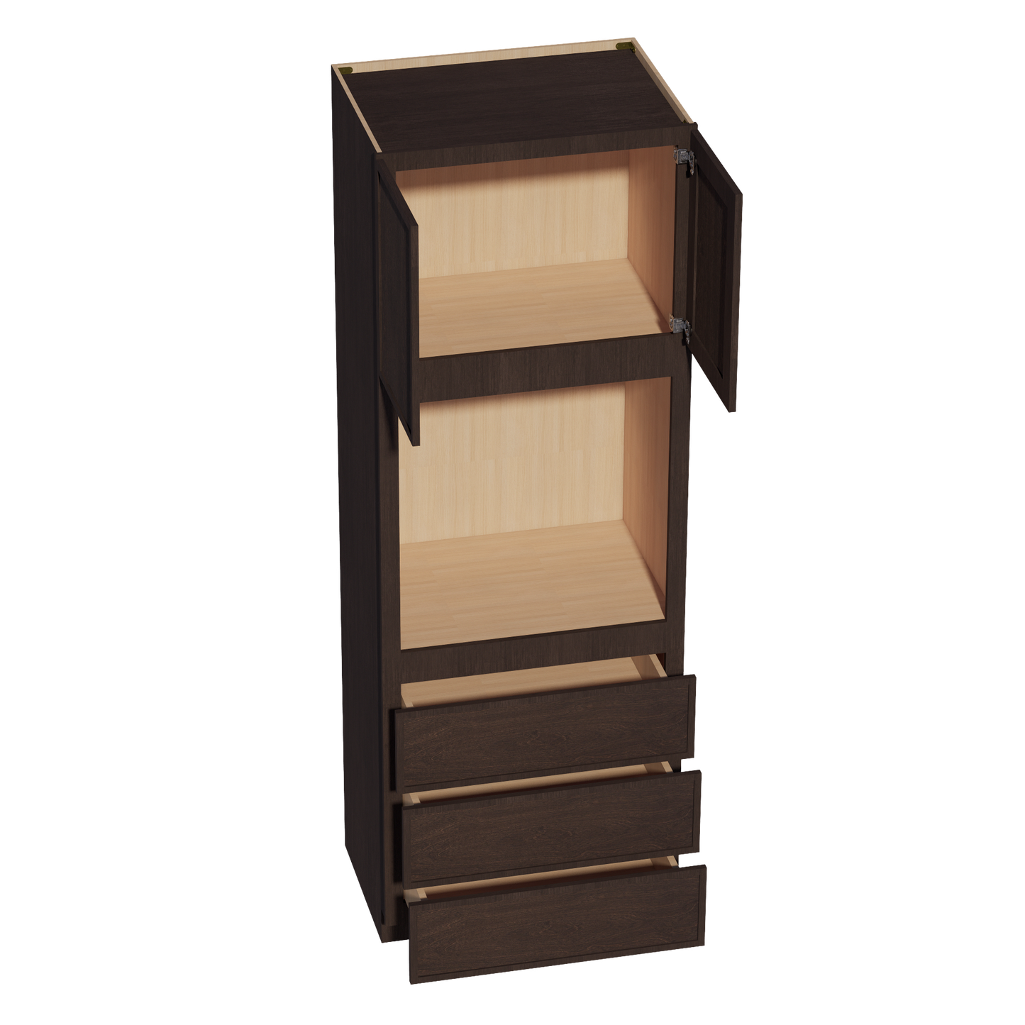 SM-OC3396: Mocha Brown Slim Shaker 33"W x 96"H x 24"D 2 Doors & 3 Drawers Tall Oven Shelf Cabinets