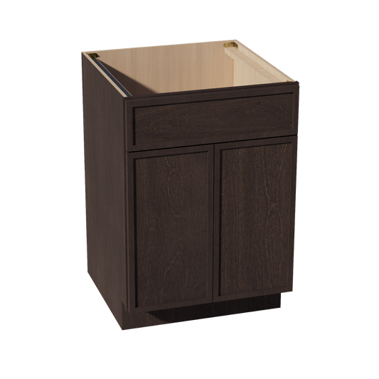 SM-SB24: Mocha Brown Slim Shaker 24" 2 Doors 1 False Drawer Sink Base Cabinet