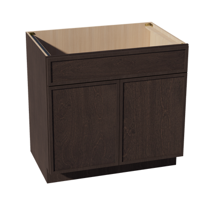 SM-SB36: Mocha Brown Slim Shaker 36" 2 Doors 1 False Drawer Sink Base Cabinet