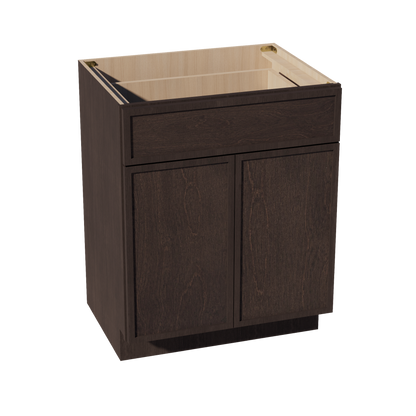 SM-VB2721: Mocha Brown Slim Shaker 27"W x 34-1/2"H x 21"D 2 Doors & 1 Drawer Double Door Vanity Base Cabinets