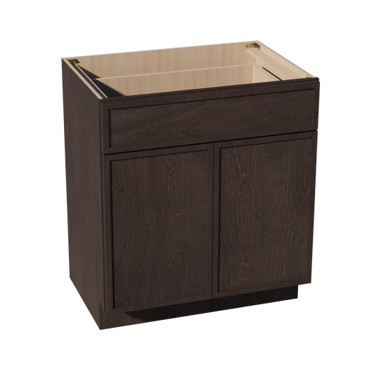 SM-VB3021: Mocha Brown Slim Shaker 30"W x 34-1/2"H x 21"D 2 Doors & 1 Drawer Double Door Vanity Base Cabinets