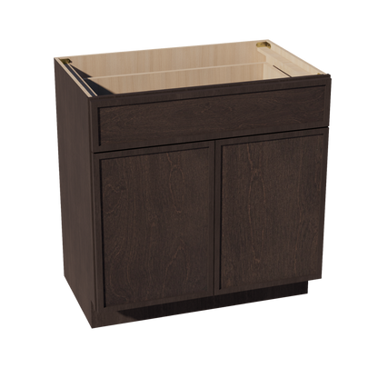 SM-VB3321: Mocha Brown Slim Shaker 33"W x 34-1/2"H x 21"D 2 Doors & 1 Drawer Double Door Vanity Base Cabinets