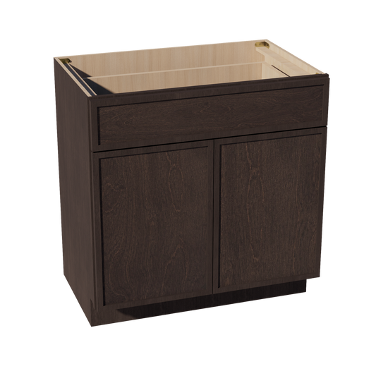 SM-VB3321: Mocha Brown Slim Shaker 33"W x 34-1/2"H x 21"D 2 Doors & 1 Drawer Double Door Vanity Base Cabinets