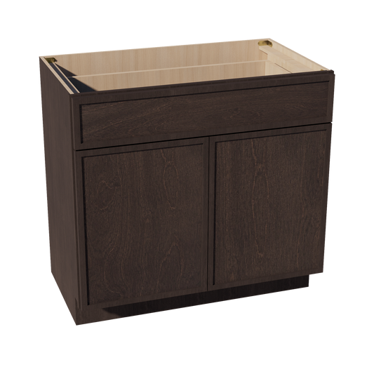 SM-VB3621: Mocha Brown Slim Shaker 36"W x 34-1/2"H x 21"D 2 Doors & 1 Drawer Double Door Vanity Base Cabinets