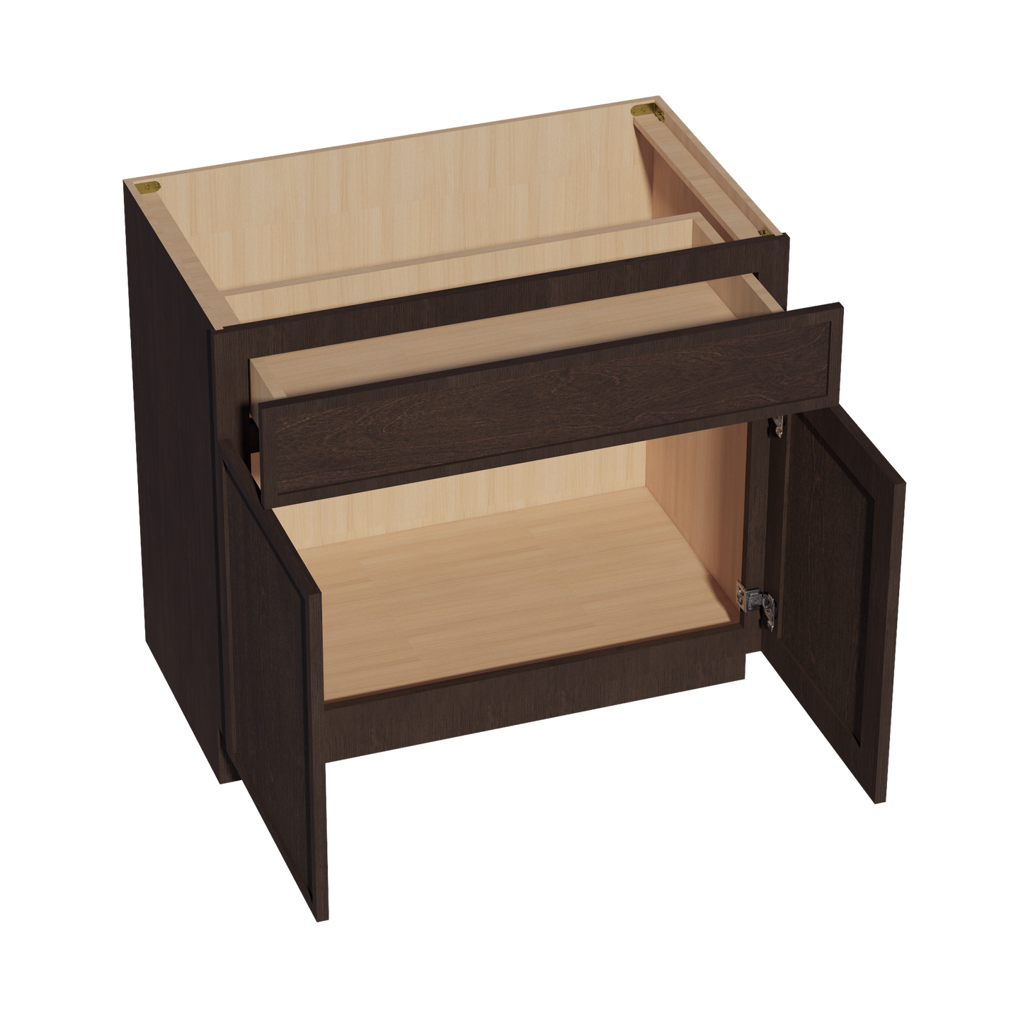 SM-VB3621: Mocha Brown Slim Shaker 36"W x 34-1/2"H x 21"D 2 Doors & 1 Drawer Double Door Vanity Base Cabinets