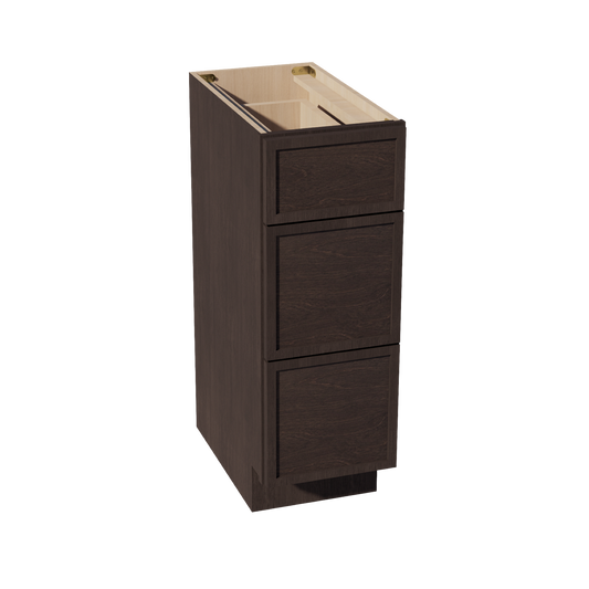 SM-VDB1221: Mocha Brown Slim Shaker 12"W x 34-1/2"H x 21"D  3 Drawers Vanity Base Cabinets