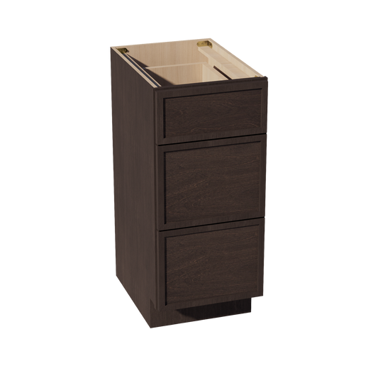 SM-VDB1521: Mocha Brown Slim Shaker 15"W x 34-1/2"H x 21"D  3 Drawers Vanity Base Cabinets