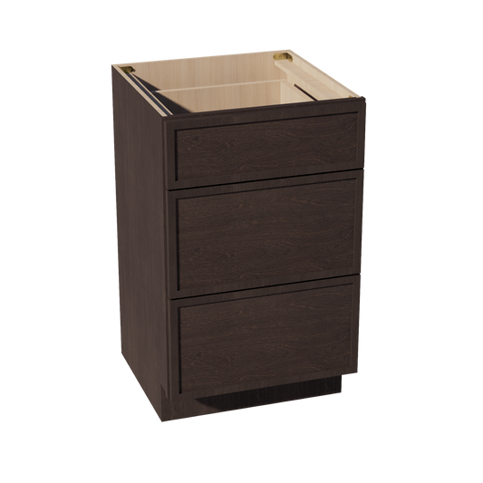 SM-VDB2121: Mocha Brown Slim Shaker 21"W x 34-1/2"H x 21"D  3 Drawers Vanity Base Cabinets