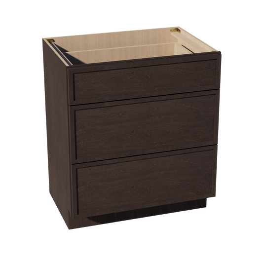 SM-VDB3021: Mocha Brown Slim Shaker 30"W x 34-1/2"H x 21"D  3 Drawers Vanity Base Cabinets