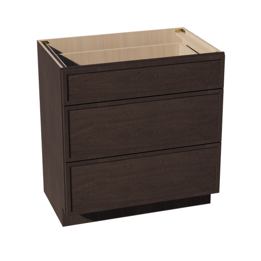 SM-VDB3321: Mocha Brown Slim Shaker 33"W x 34-1/2"H x 21"D  3 Drawers Vanity Base Cabinets