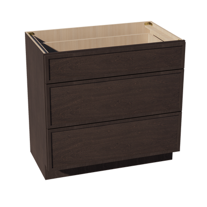 SM-VDB3621: Mocha Brown Slim Shaker 36"W x 34-1/2"H x 21"D  3 Drawers Vanity Base Cabinets