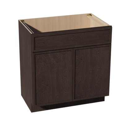 SM-VSB3321: Mocha Brown Slim Shaker 33"W x 34-1/2"H x 21"D 2 Doors & 1 False Drawer Vanity Sink Base Cabinets