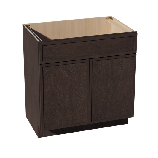 SM-VSB3321: Mocha Brown Slim Shaker 33"W x 34-1/2"H x 21"D 2 Doors & 1 False Drawer Vanity Sink Base Cabinets