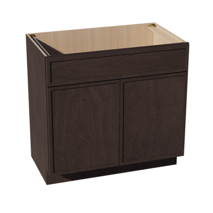 SM-VSB3621: Mocha Brown Slim Shaker 36"W x 34-1/2"H x 21"D 2 Doors & 1 False Drawer Vanity Sink Base Cabinets