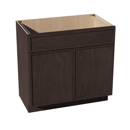 SM-VSB3621: Mocha Brown Slim Shaker 36"W x 34-1/2"H x 21"D 2 Doors & 1 False Drawer Vanity Sink Base Cabinets