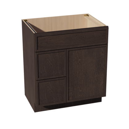 SM-VSD3021L: Mocha Brown Slim Shaker 30"W x 34-1/2"H x 21"D 1 Door & 2 Left Drawers Offset Vanity Sink Base Cabinets