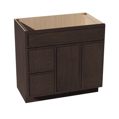 SM-VSD3621L: Mocha Brown Slim Shaker 36"W x 34-1/2"H x 21"D 2 Doors & 2 Left Drawers Offset Vanity Sink Base Cabinets