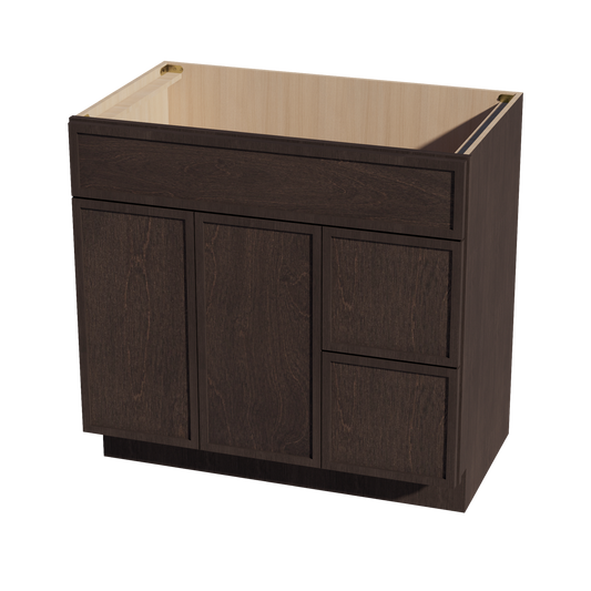 SM-VSD3621R: Mocha Brown Slim Shaker 36"W x 34-1/2"H x 21"D 2 Doors & 2 Right Drawers Offset Vanity Sink Base Cabinets