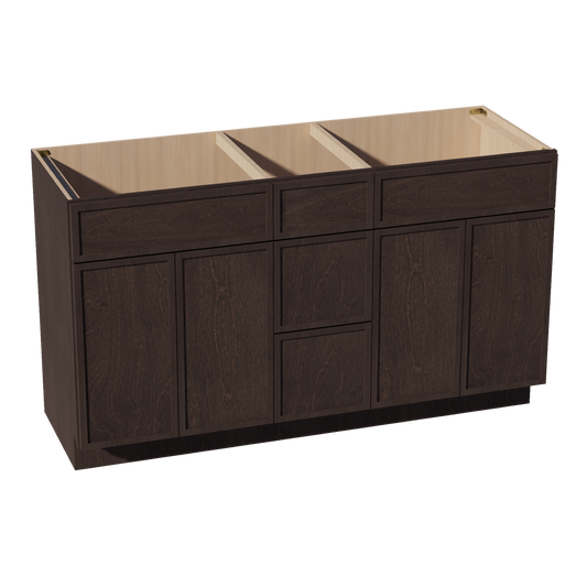 SM-VSD60DOUBLEE: Mocha Brown Slim Shaker 60"W x 34-1/2"H x 21"D 4 Doors, 3 Drawers & 2 False Drawers Double Sink Vanity Base Combo Cabinets