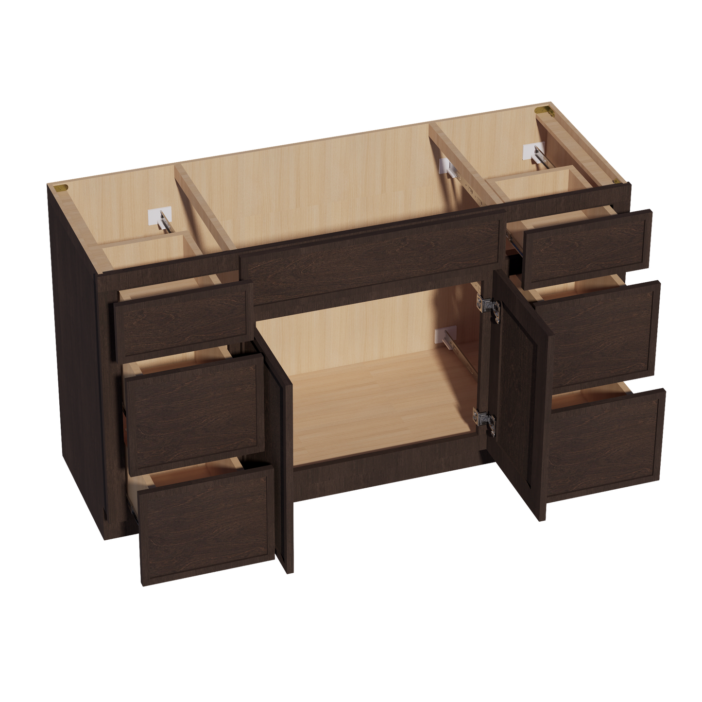 SM-VSD60SINGLE: Mocha Brown Slim Shaker 60"W x 34-1/2"H x 21"D 2 Doors, 6 Drawers & 1 False Drawer Single Sink Vanity Base Combo Cabinets