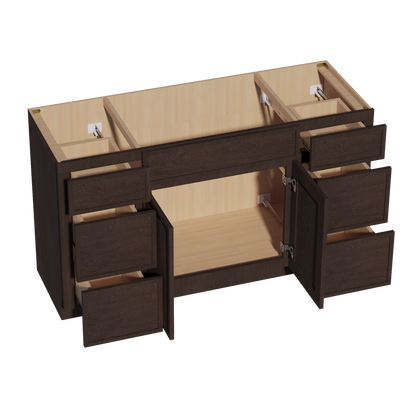 SM-VSD60SINGLE: Mocha Brown Slim Shaker 60"W x 34-1/2"H x 21"D 2 Doors, 6 Drawers & 1 False Drawer Single Sink Vanity Base Combo Cabinets