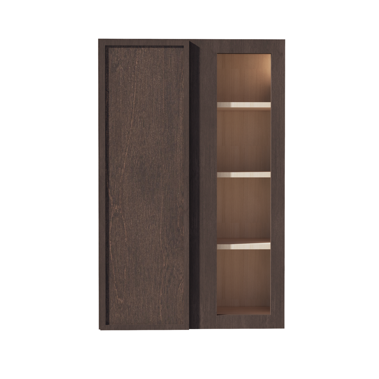 SM-WBC2742: Mocha Brown Slim Shaker 27"W x 42"H 1 Door & 2 Shelves Wall Blind Corner Cabinets