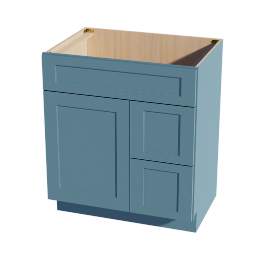 TG-VSD3021R: Soft Green Shaker 30"W x 34-1/2"H x 21"D 1 Door & 2 Right Drawers Offset Vanity Sink Base Cabinets