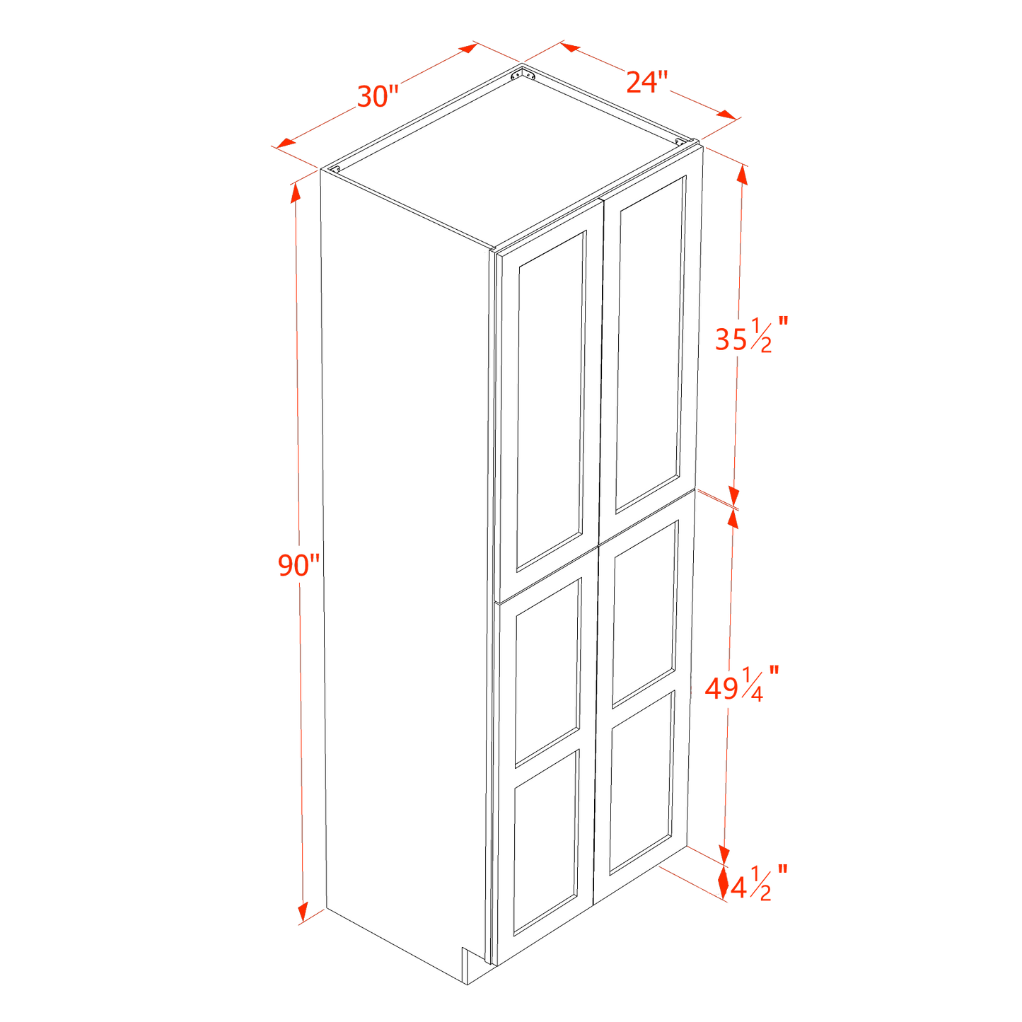 HT-TP3090: Timber Wood Shaker 30"W x 90"H x 24"D 4 Door & 5 Shelves Tall Shelf Pantry Cabinets