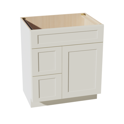 TW-VSD3021L: Creamy White Shaker 30"W x 34-1/2"H x 21"D 1 Door & 2 Left Drawers Offset Vanity Sink Base Cabinets