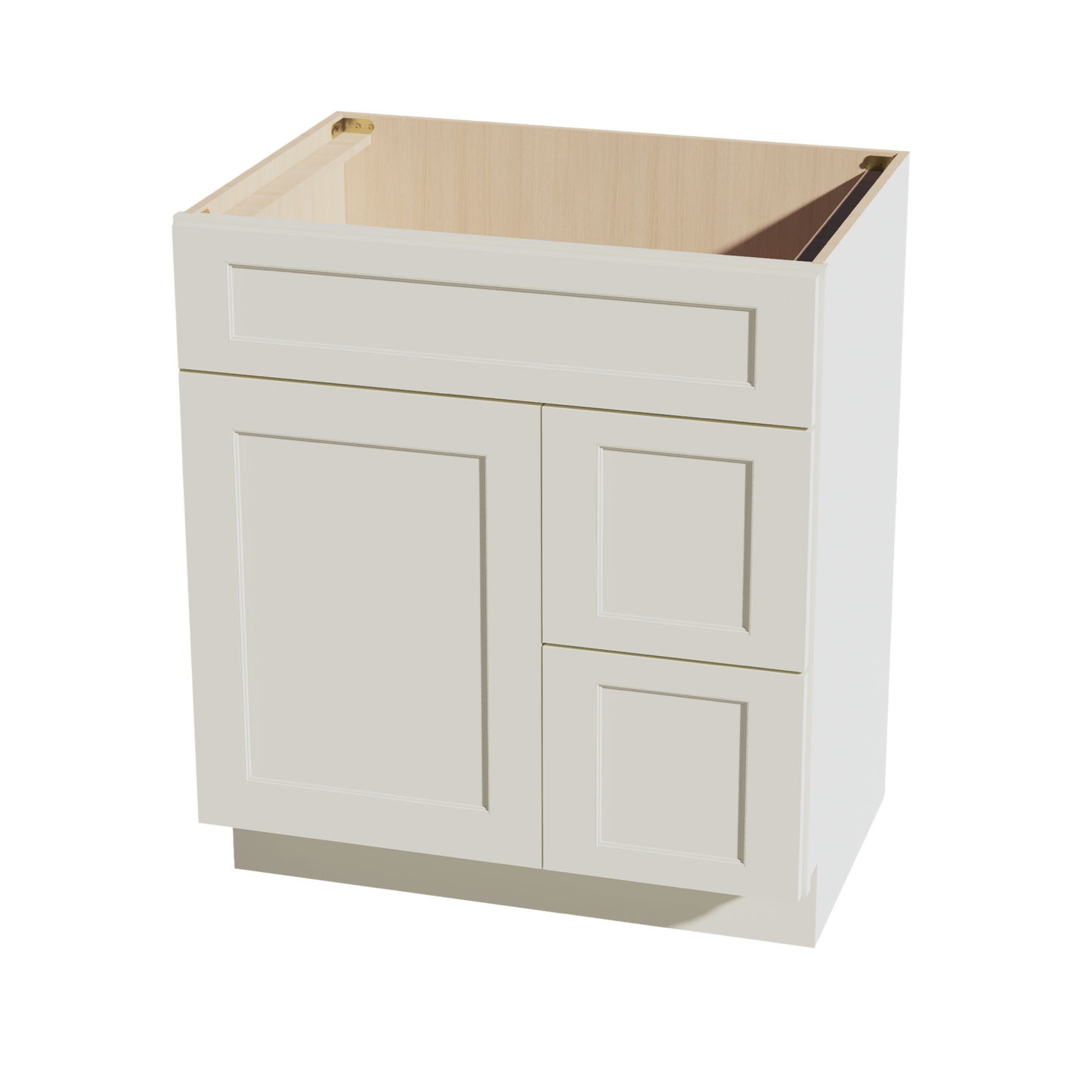 TW-VSD3021R: Creamy White Shaker 30"W x 34-1/2"H x 21"D 1 Door & 2 Right Drawers Offset Vanity Sink Base Cabinets