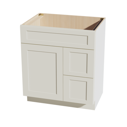 TW-VSD3021R: Creamy White Shaker 30"W x 34-1/2"H x 21"D 1 Door & 2 Right Drawers Offset Vanity Sink Base Cabinets