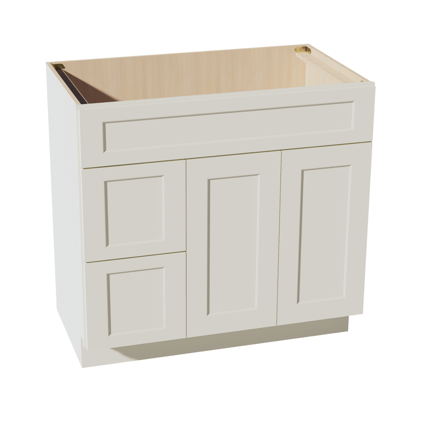 TW-VSD3621L: Creamy White Shaker 36"W x 34-1/2"H x 21"D 2 Doors & 2 Left Drawers Offset Vanity Sink Base Cabinets