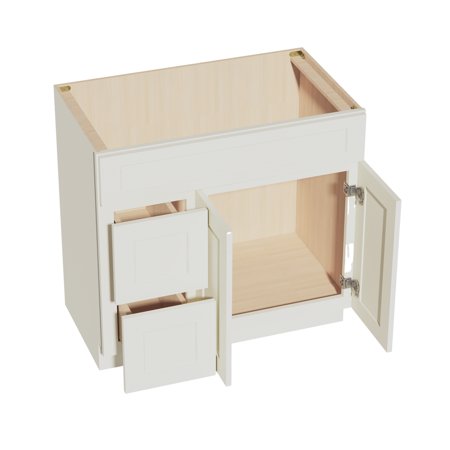 TW-VSD3621L: Creamy White Shaker 36"W x 34-1/2"H x 21"D 2 Doors & 2 Left Drawers Offset Vanity Sink Base Cabinets