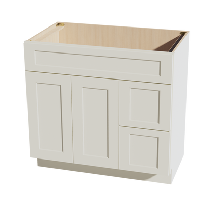 TW-VSD3621R: Creamy White Shaker 36"W x 34-1/2"H x 21"D 2 Doors & 2 Right Drawers Offset Vanity Sink Base Cabinets