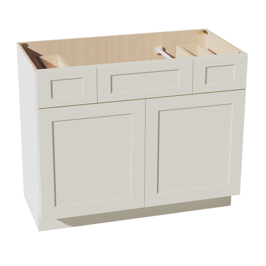 TW-VSD4221: Creamy White Shaker  42"W x 34-1/2"H x 21"D 2 Doors, 2 Drawers & 1 False Drawer Centered Vanity Sink Base Cabinets
