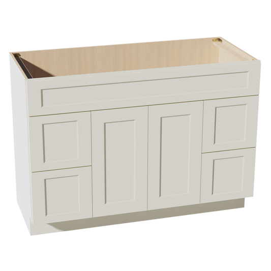 TW-VSD4821: Creamy White Shaker 48"W x 34-1/2"H x 21"D 2 Doors, 4 Drawers & 1 False Drawer Centered Vanity Sink Base Cabinets