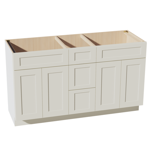 TW-VSD60DOUBLE: Creamy White Shaker 60"W x 34-1/2"H x 21"D 4 Doors, 3 Drawers & 2 False Drawers Double Sink Vanity Base Combo Cabinets