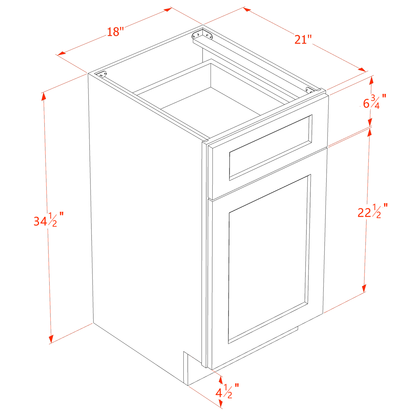 TW-VB1821: Creamy White Shaker 18"W x 34-1/2"H x 21"D 1 Door & 1 Drawer Single Door Vanity Base Cabinets