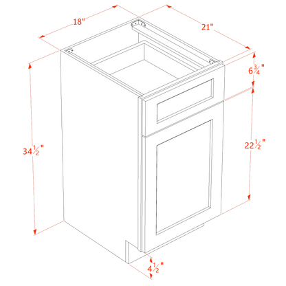 TW-VB1821: Creamy White Shaker 18"W x 34-1/2"H x 21"D 1 Door & 1 Drawer Single Door Vanity Base Cabinets