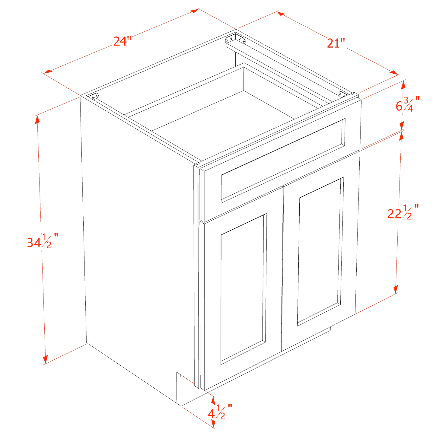 TW-VB2421: Creamy White Shaker 24"W x 34-1/2"H x 21"D 2 Doors & 1 Drawer Double Door Vanity Base Cabinets