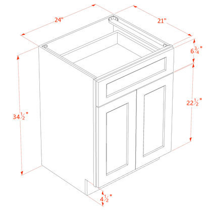 TW-VB2421: Creamy White Shaker 24"W x 34-1/2"H x 21"D 2 Doors & 1 Drawer Double Door Vanity Base Cabinets