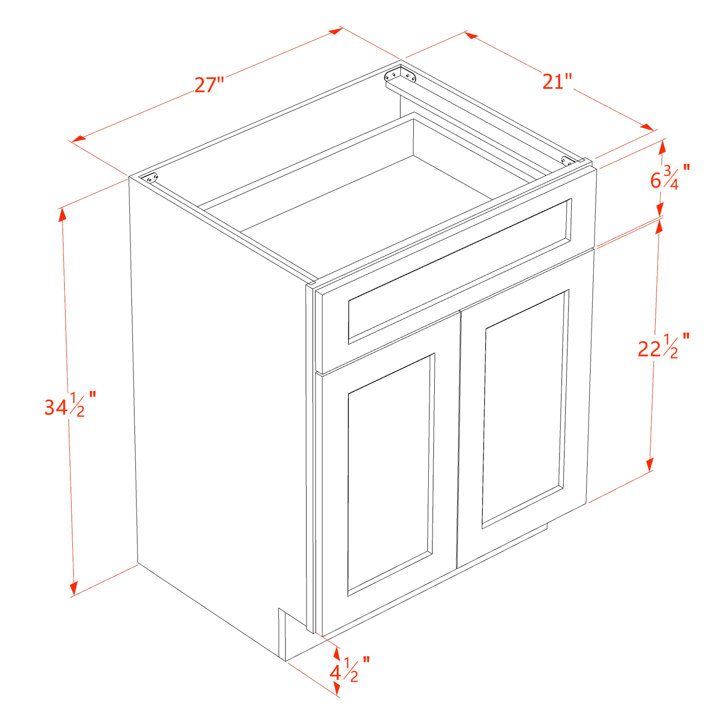 TW-VB2721: Creamy White Shaker 27"W x 34-1/2"H x 21"D 2 Doors & 1 Drawer Double Door Vanity Base Cabinets