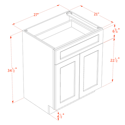 TW-VB2721: Creamy White Shaker 27"W x 34-1/2"H x 21"D 2 Doors & 1 Drawer Double Door Vanity Base Cabinets