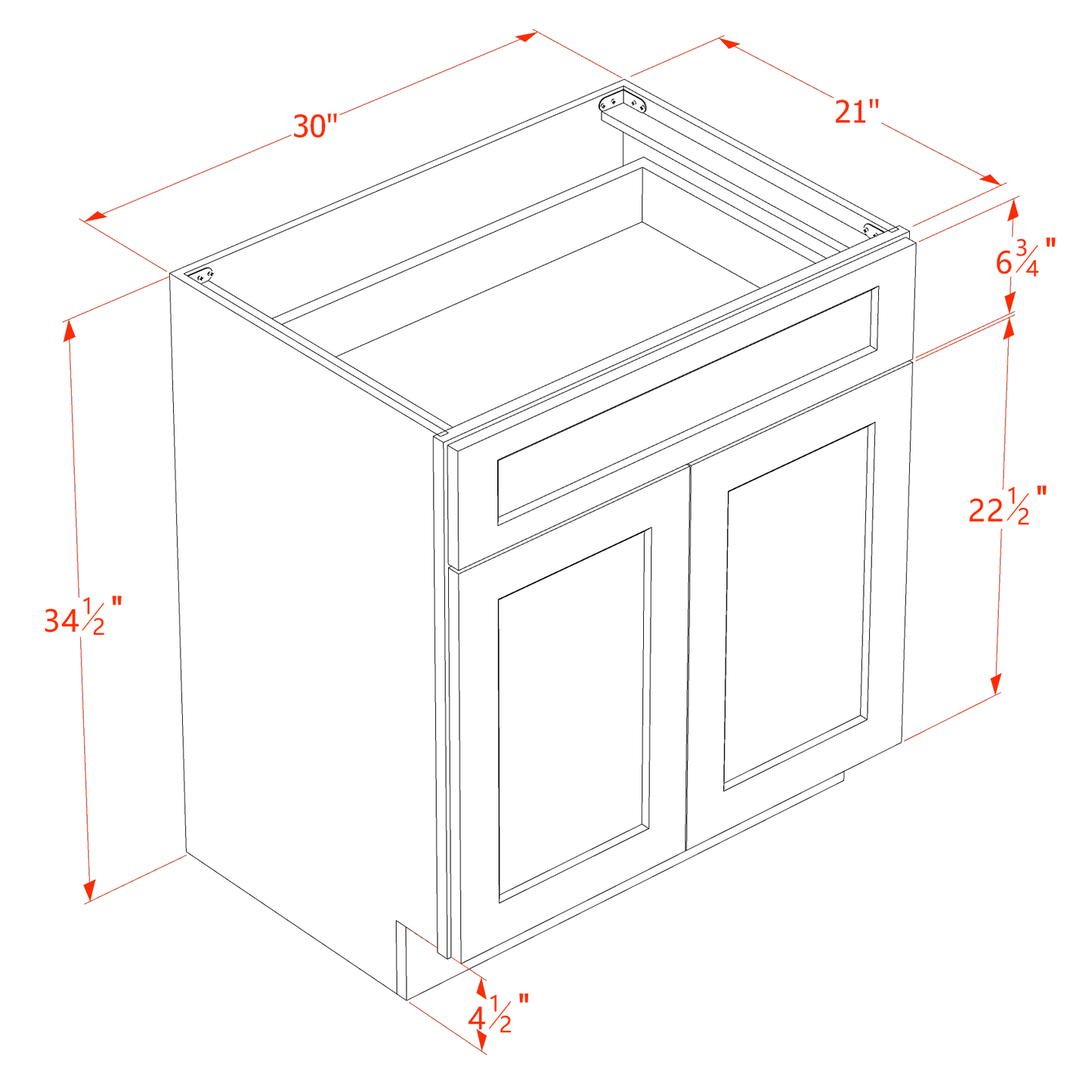 SM-VB3021: Mocha Brown Slim Shaker 30"W x 34-1/2"H x 21"D 2 Doors & 1 Drawer Double Door Vanity Base Cabinets