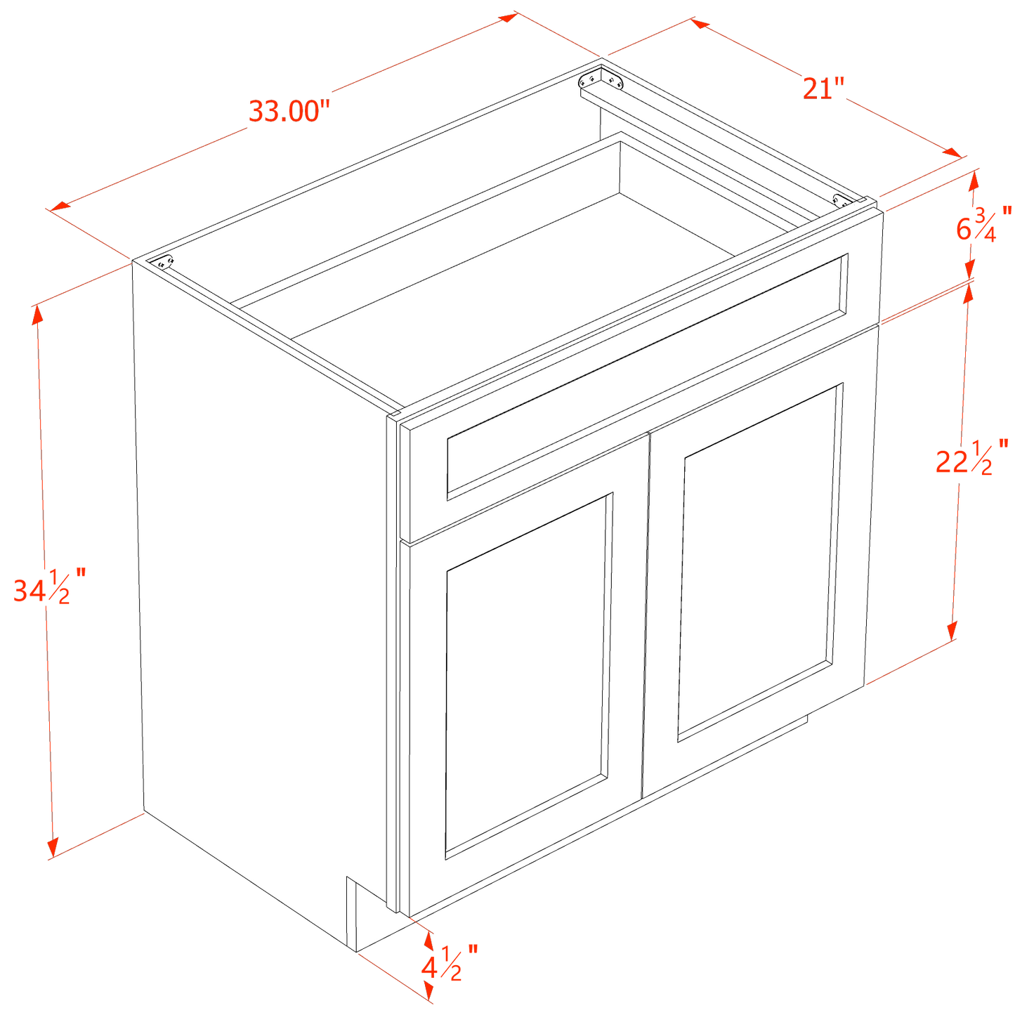 SM-VB3321: Mocha Brown Slim Shaker 33"W x 34-1/2"H x 21"D 2 Doors & 1 Drawer Double Door Vanity Base Cabinets