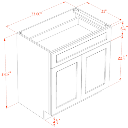 SM-VB3321: Mocha Brown Slim Shaker 33"W x 34-1/2"H x 21"D 2 Doors & 1 Drawer Double Door Vanity Base Cabinets